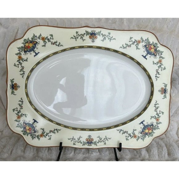Crown Ducal Ware Serving Platter Blue Urn Fruit Floral Mustard 13  7/8”x 10 1/2” - Picture 1 of 16